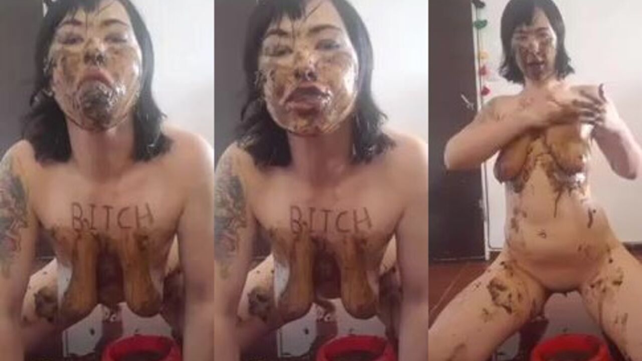 Watch this filthy slut eat her own cum after getting extreme scat smeared