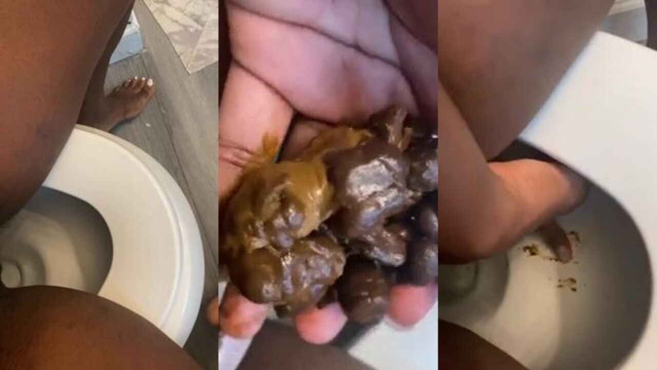 Watch this horny ebony babe scat and push pebbles into the toilet like a pro!