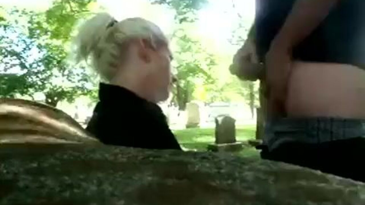 Watch this kinky slut get her pussy and ass destroyed in the graveyard by a hung dude!