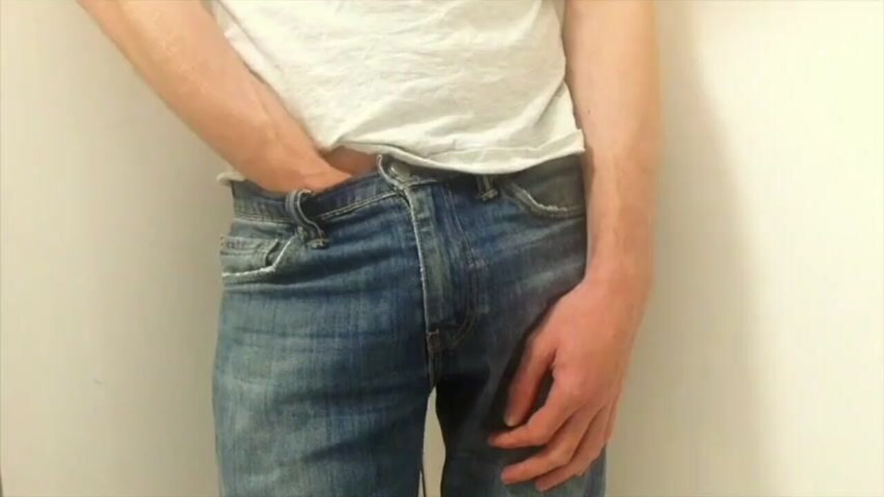 Kinky babe in jeans smeared with cum after twink-sized shitting and spreading