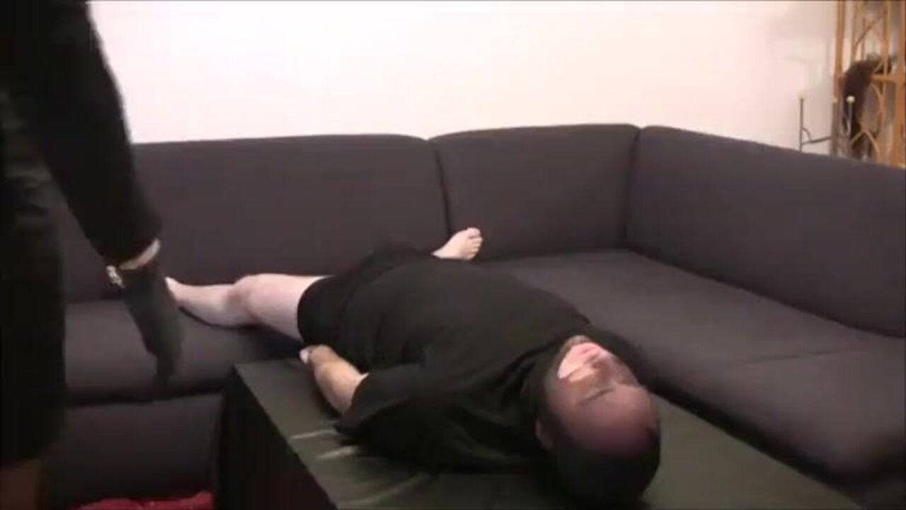 Watch this kinky mistress make her slave's mouth drips with her own spunk