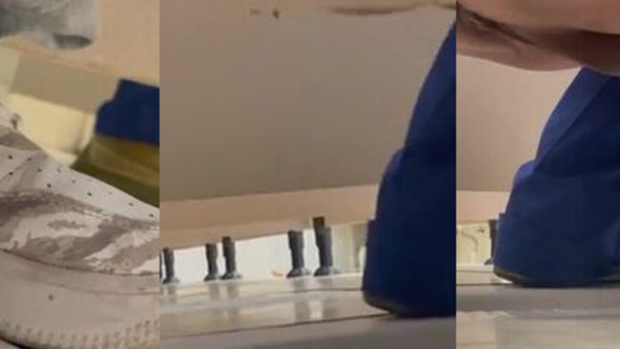 Voyeur men film themselves pooping while squatting to the toilet