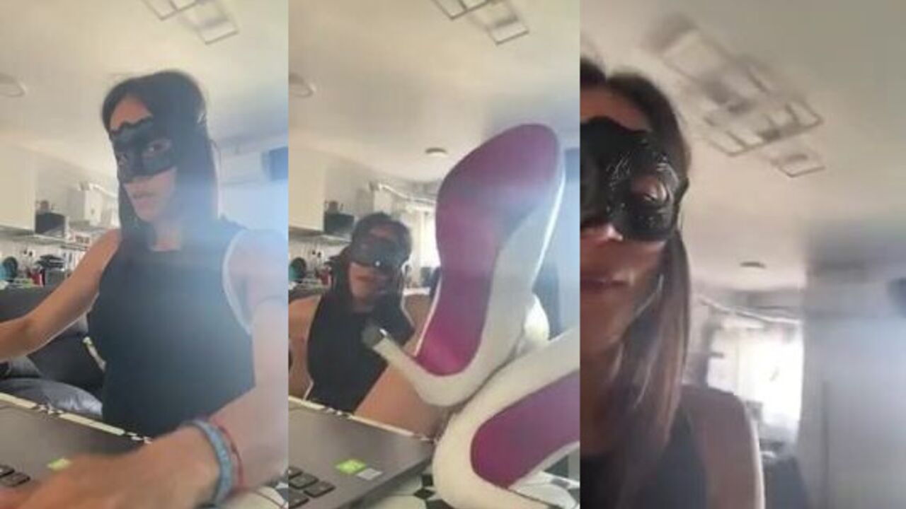 Latina teen gets ready for her scat session with a hot drink in her hand