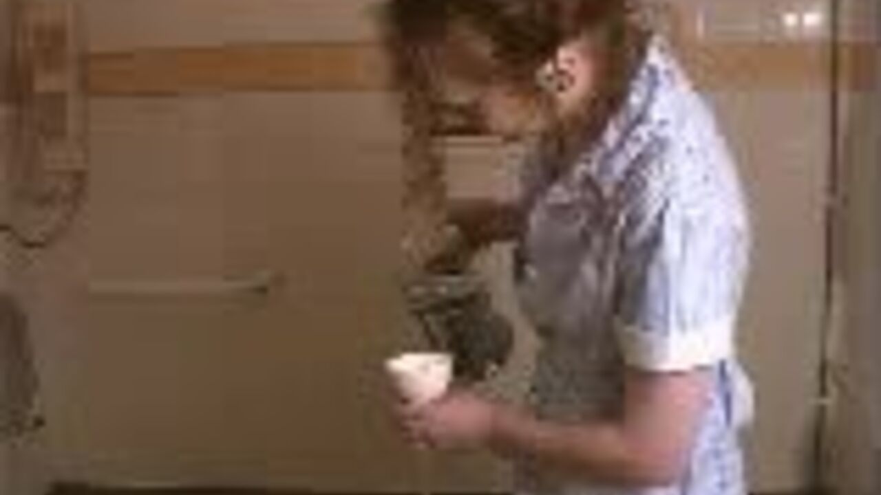 Watch this filthy slut get her scat sucked and swallow like a champ on the floor