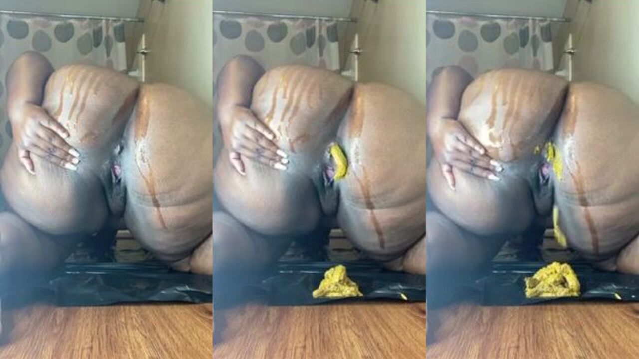 Watch this scat-loving ebony babe with a huge ass get her scat pounded and covered in yellow goo