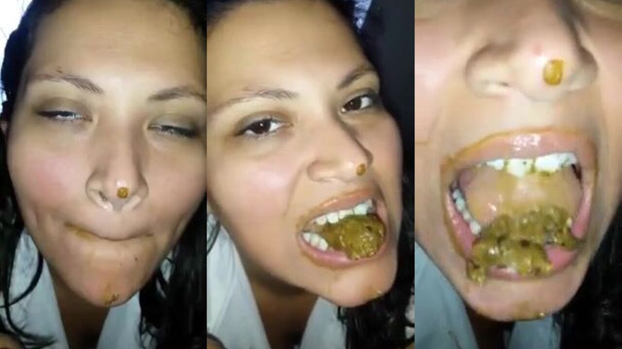 Watch this kinky slut devour a load of filthy goo in her mouth