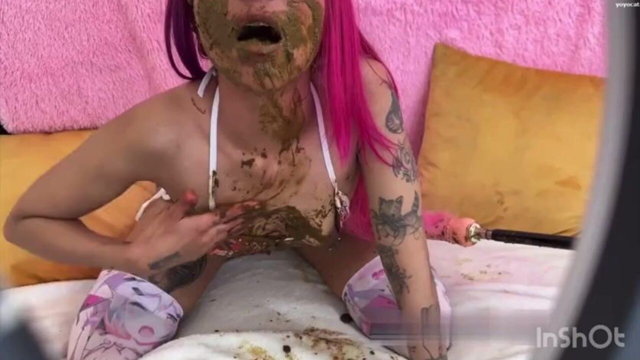 Ange addict goes wild on a filthy swill & gets scat-fucked beauties