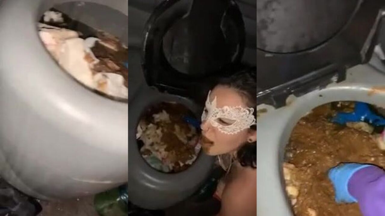 Watch this filthy whore takefed from a porta potty and humiliate herself