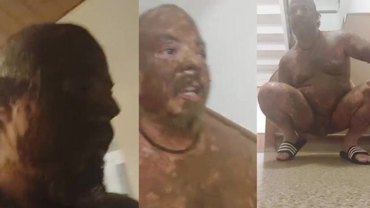 Watch me get full of scat outside my apartment, smearing it with my own mouth