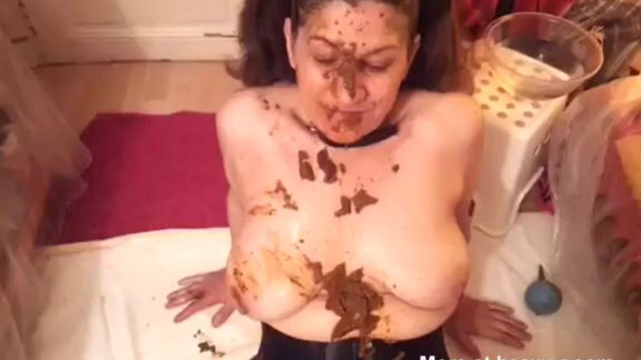 Watch this filthy bitch get her scat stuffed with a dirty cucumber and get a rough ride