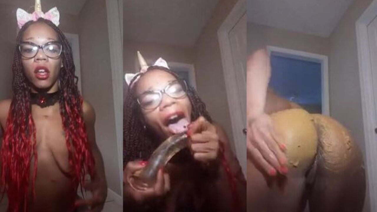 Watch this black babe stuff her tight pussy with a dildo and spread her ass with a sticky load