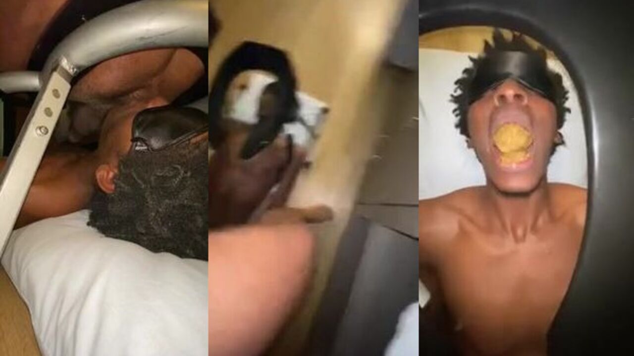 Blindfolded twink devours verbal bear's oral skills in hot sex session