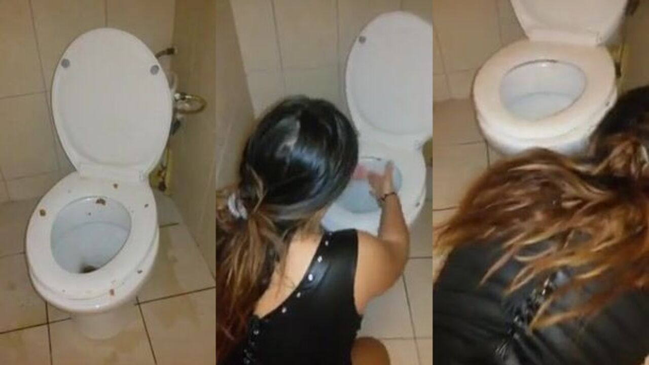 Watch this submissive slut clean the toilet with her tongue while getting her ass pounded
