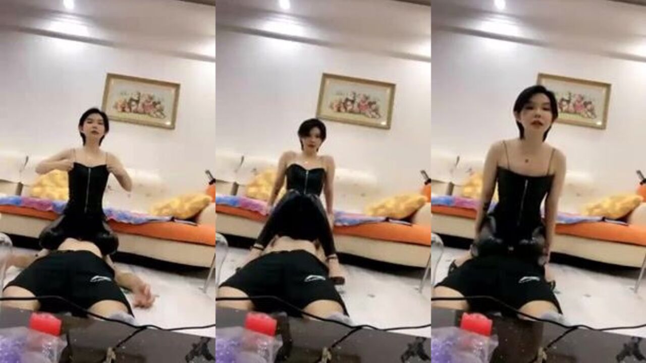 Chinese femdom queen trampling and humiliating her slave with human furniture