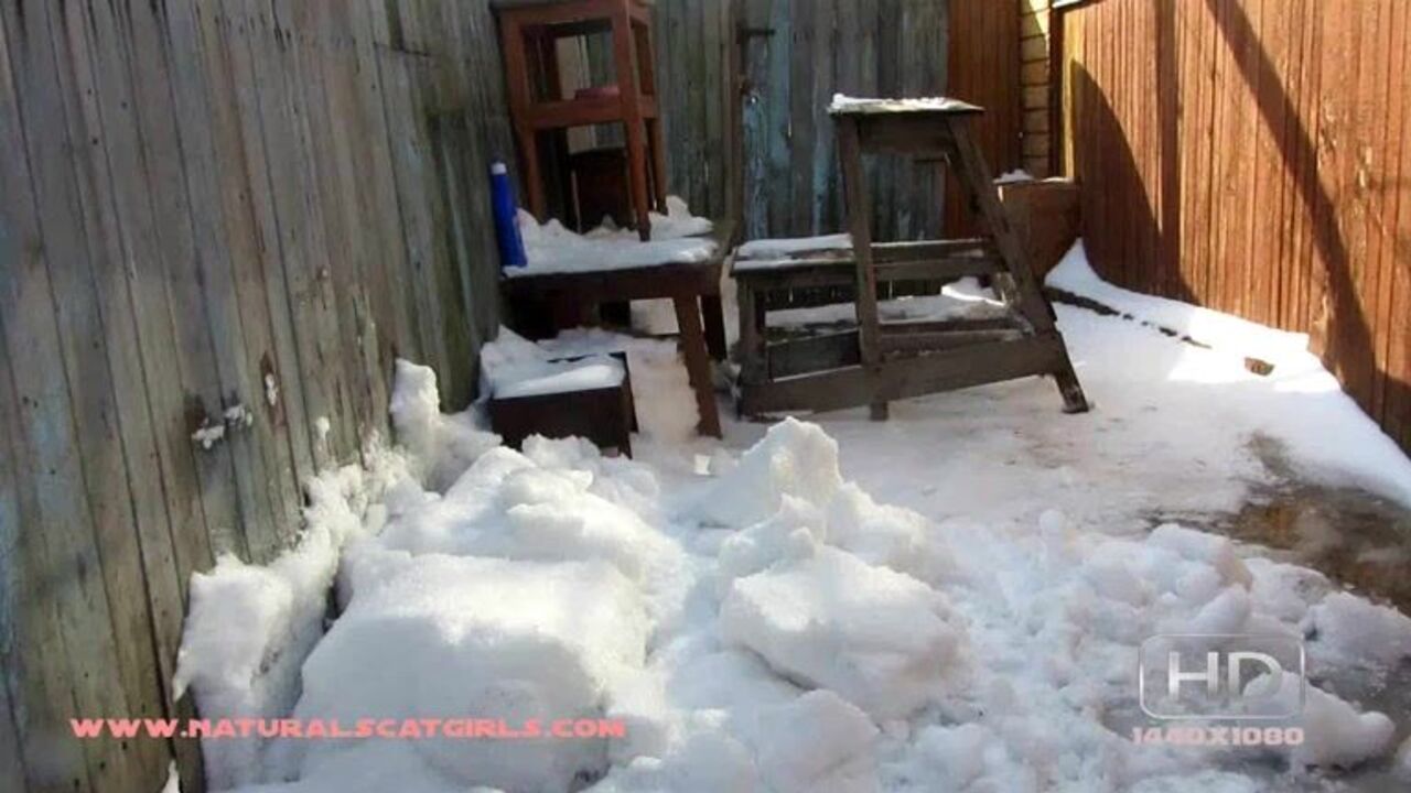 Watch this filthy slave scat in the snow and pee in her own yard