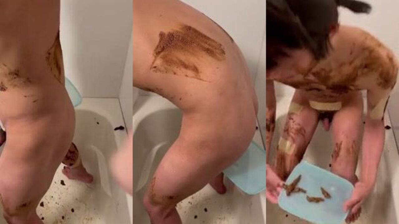 Watch this first-time Asian guy's small penis get soaked in pee and scat in this hot video