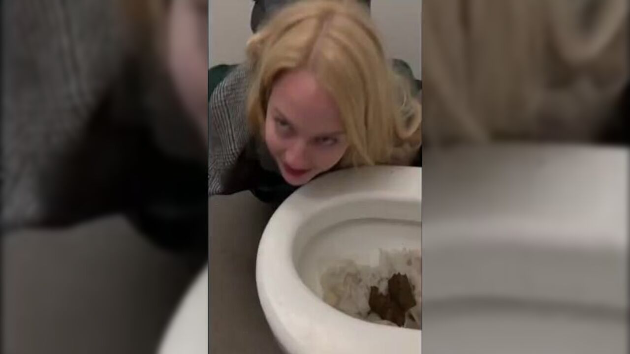 Blonde slut degraded and humiliated in public toilet with her cunt tasting like a toilet